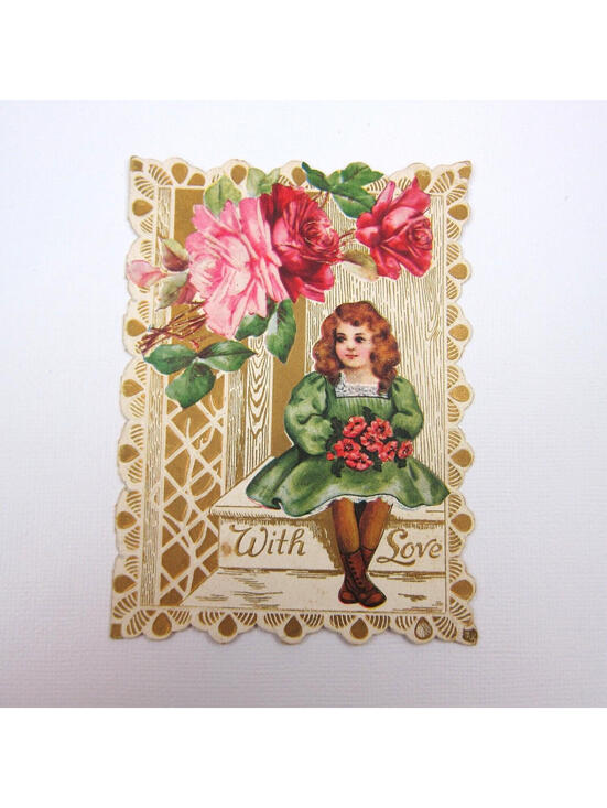 Other - Valentine Card Girl Green Dress Holds Red Poppy Flowers Gold Pink Roses Antique